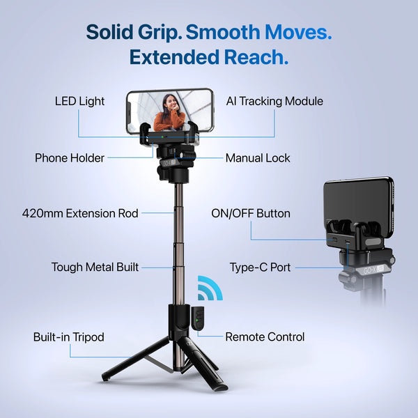 IZI GO X Lite Smartphone Gimbal Stabilizer with Built in Extendable Telescopic Rod | AI Tracking & Remote Control | 6H Battery | 310g Payload - Image 4